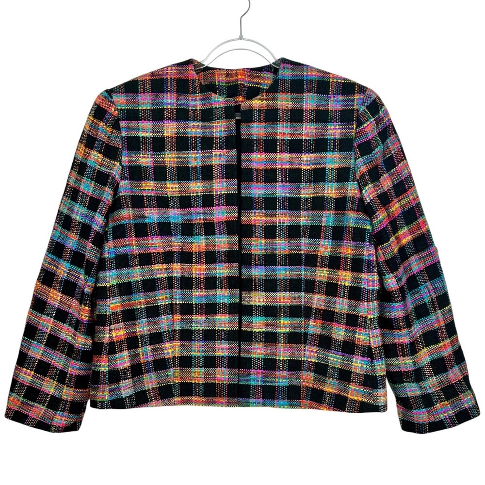 Vintage Doncaster 100% Silk Collarless Jacket Blazer Plaid Multi/Black Size 16